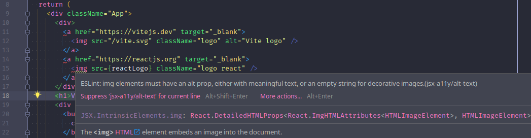 displaying eslint accessibility error by removing `alt` prop from image tag